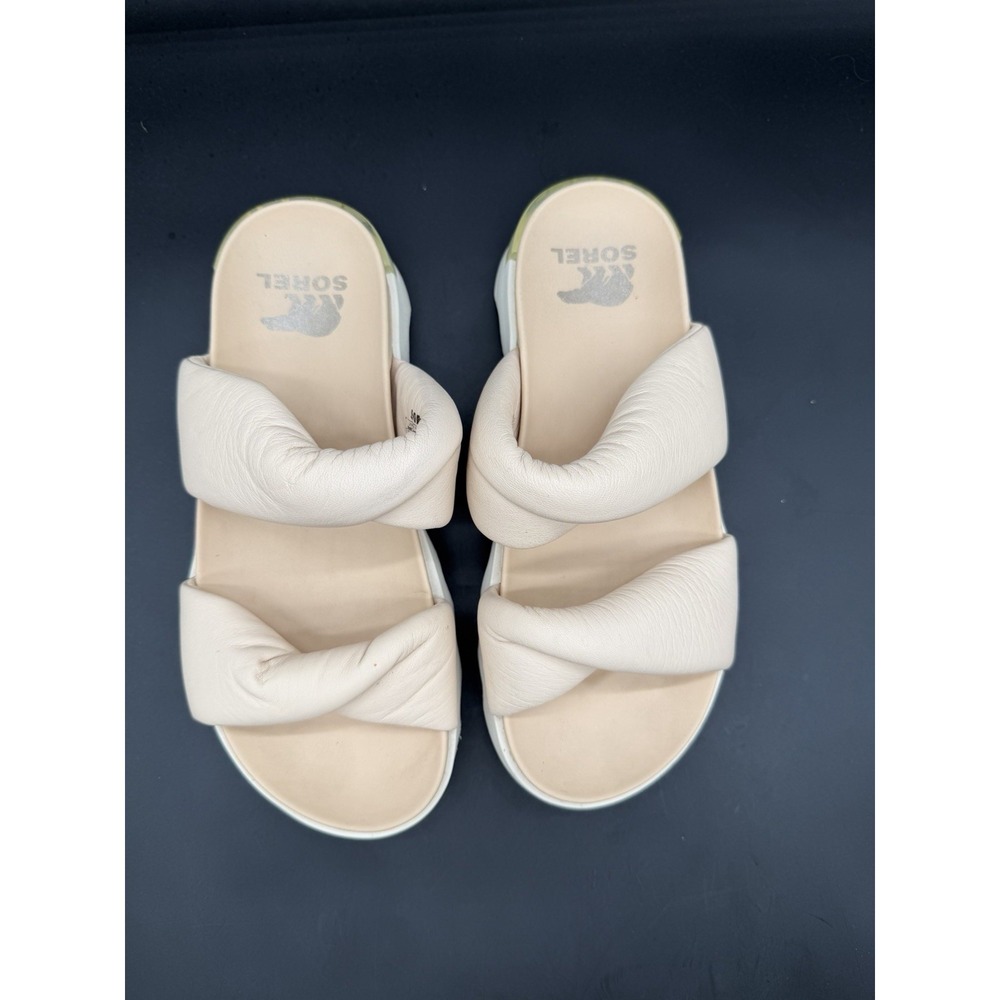 Sorel LEATHER TwistNova Sand/Chalk Comfort Slides SANDALS Platform 8.5 #156